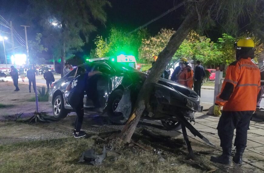 Buscan al conductor de un auto que se incrustó en un árbol y se dio a la fuga en la rotonda de la Llama Votiva